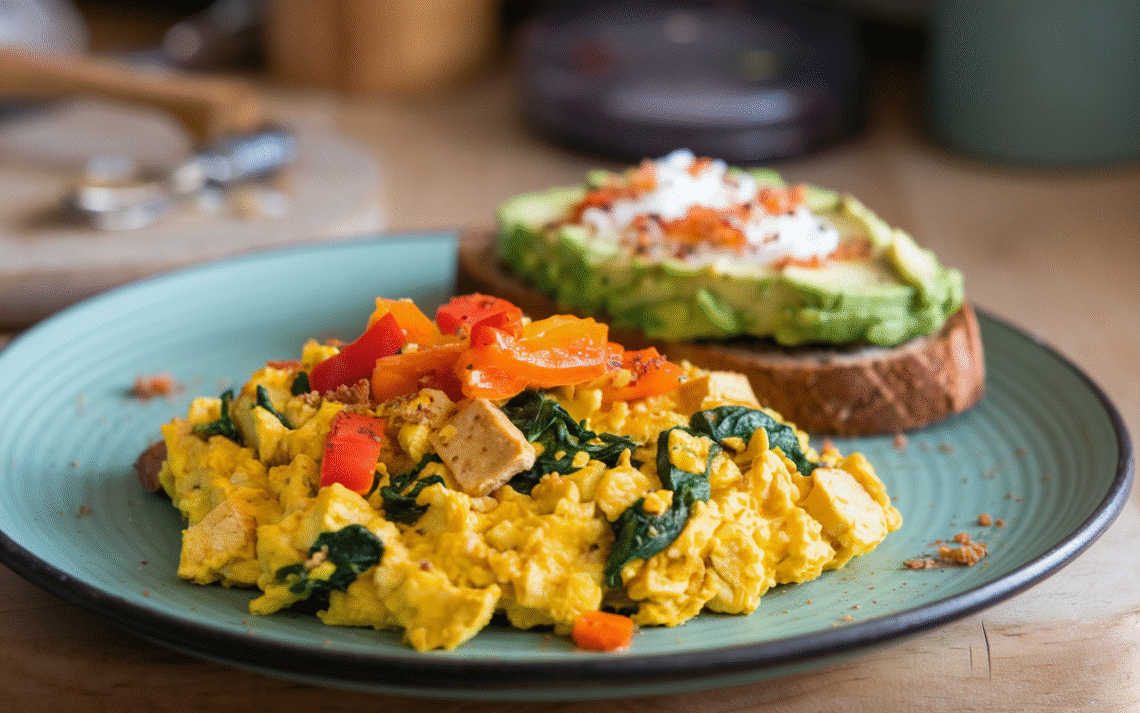 High Protein Breakfast for better health - turmeric, peppers, and spinach. Serve with avocado toast