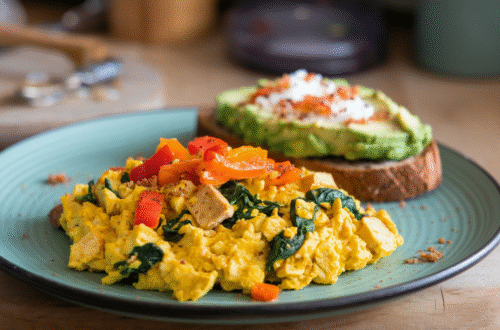 High Protein Breakfast for better health - turmeric, peppers, and spinach. Serve with avocado toast